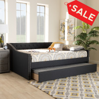 Baxton Studio CF9046-Charcoal-Daybed-Q/T Haylie Modern and Contemporary Dark Grey Fabric Upholstered Queen Size Daybed with Roll-Out Trundle Bed